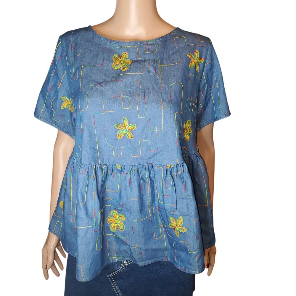 Paisley Vine Denim Embroidered Peplum Top OS (up to L) Retro Boho Cottagecore